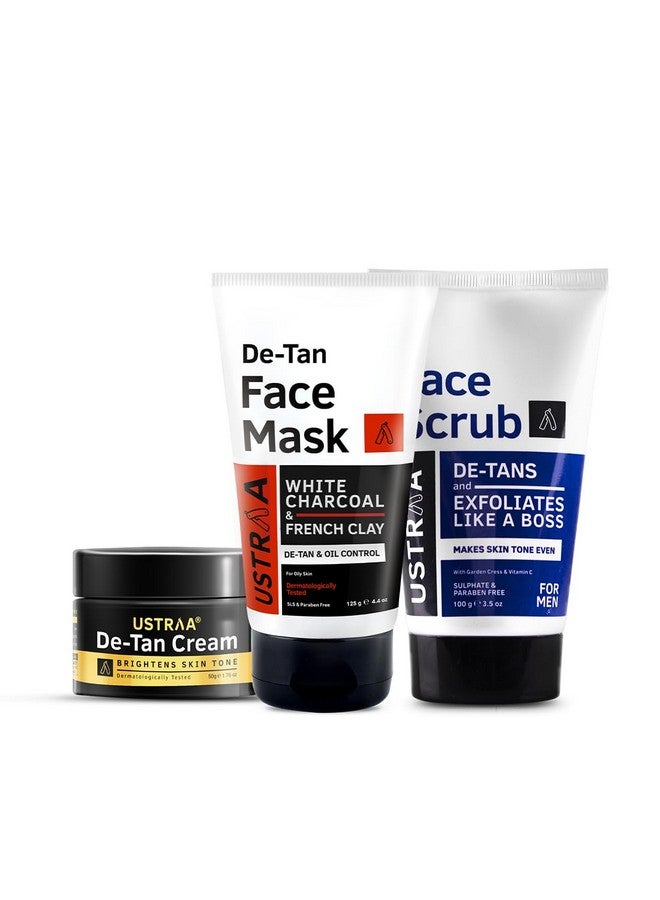 Ustraa Anti Tan Facial Kit For Men Set Of 3 Detan Scrub 100G | Powerful Exfoliation | Detan Face Mask Oily Skin 125G | Detan & Oil Control | Detan Cream 50G | Effective Tan Removal - Image 1