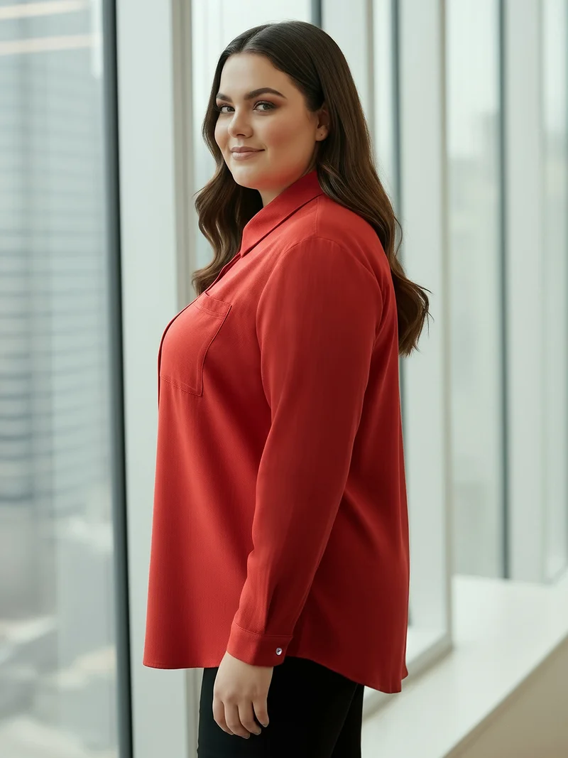 globus Globus Gloplus Women Red Collared Neck Cuffed Sleeves Chest Pocket Solid Curved Hem Oversized Plus Size Workwear Shirt