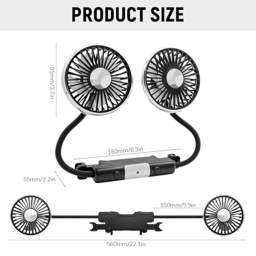 STHIRA® Fan for Car Back Seat Car USB Fan with Dual Head 3-Speed Adjustable Cooling Air with 360° Rotation Independent Switch USB for Compact Design For Auto Headrest,Ideal Cars/SUVs - Image 2