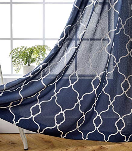 MIUCO Moroccan Embroidered Semi Sheer Curtains Faux Linen Grommet Curtains for Bedroom 52 x 84 Inch 2 Panels Navy Blue