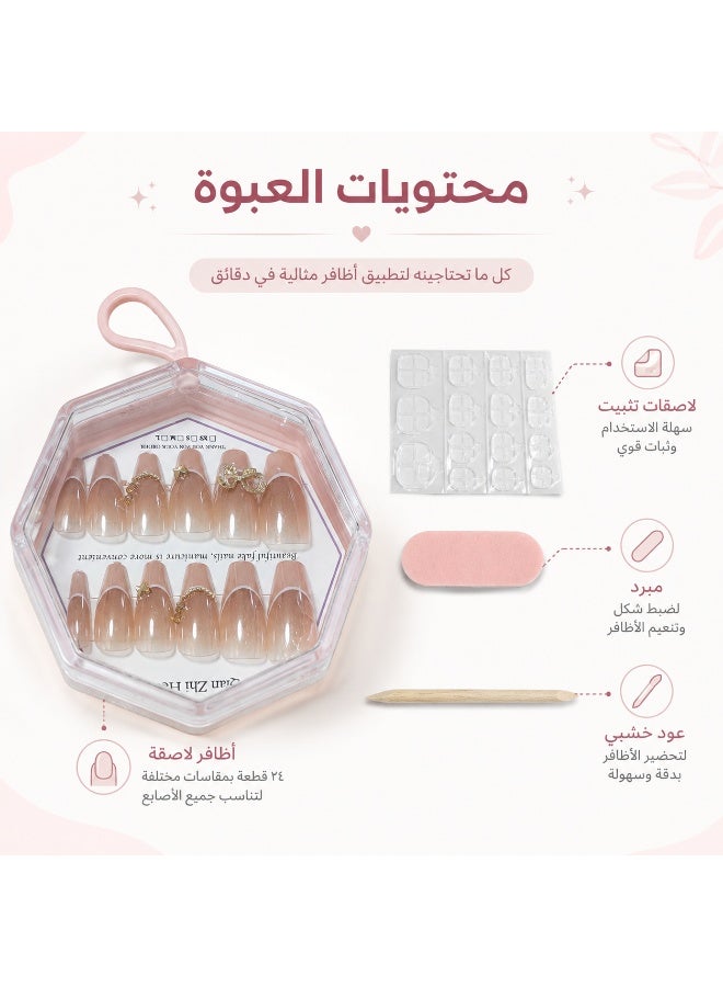 مجموعة أظافر صناعية مزينة بالاستراس – طقم أظافر كامل مع لاصق دابل فيس، مبرد، وعصا خشبية، جاهزة للاستخدام - Image 4