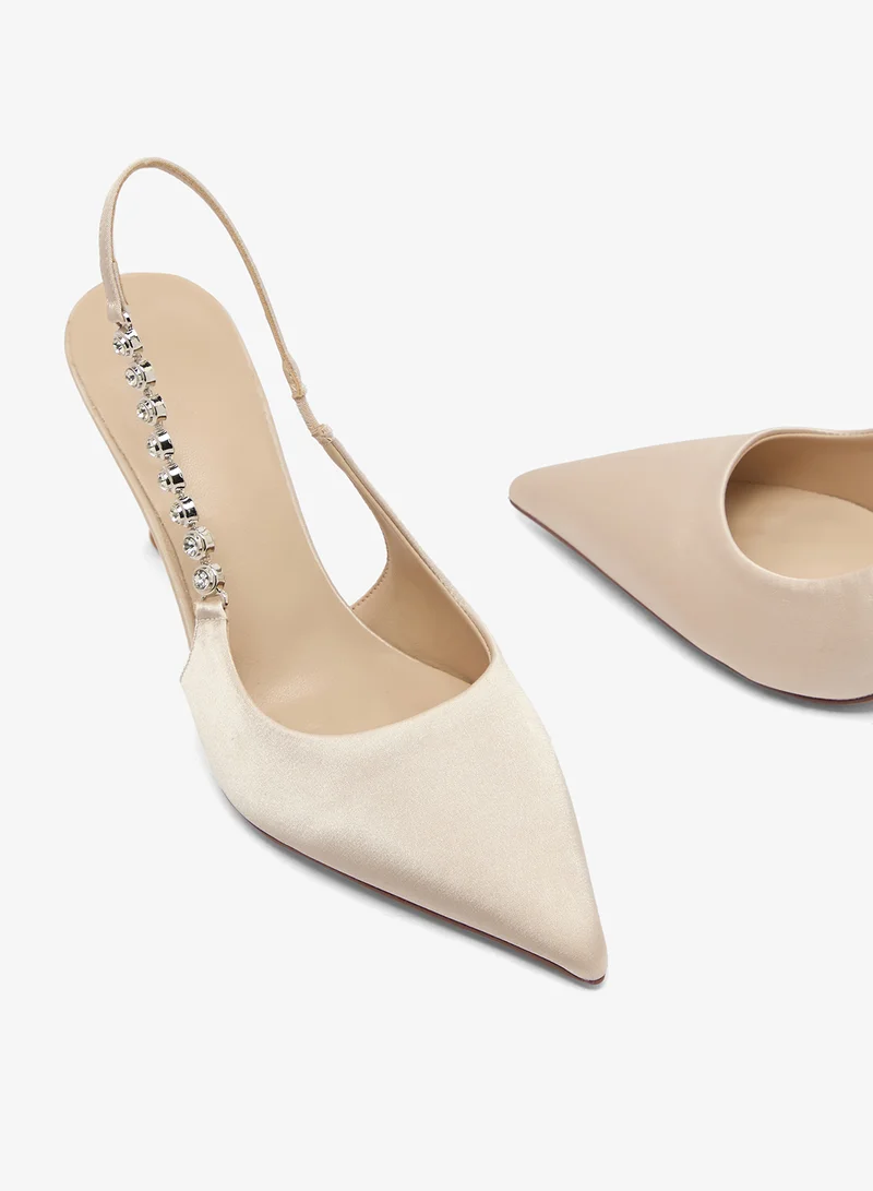 Ella Limited Edition Beige Diamonte Embellished Sling Back High Heel Pumps for Women | Best Price UAE