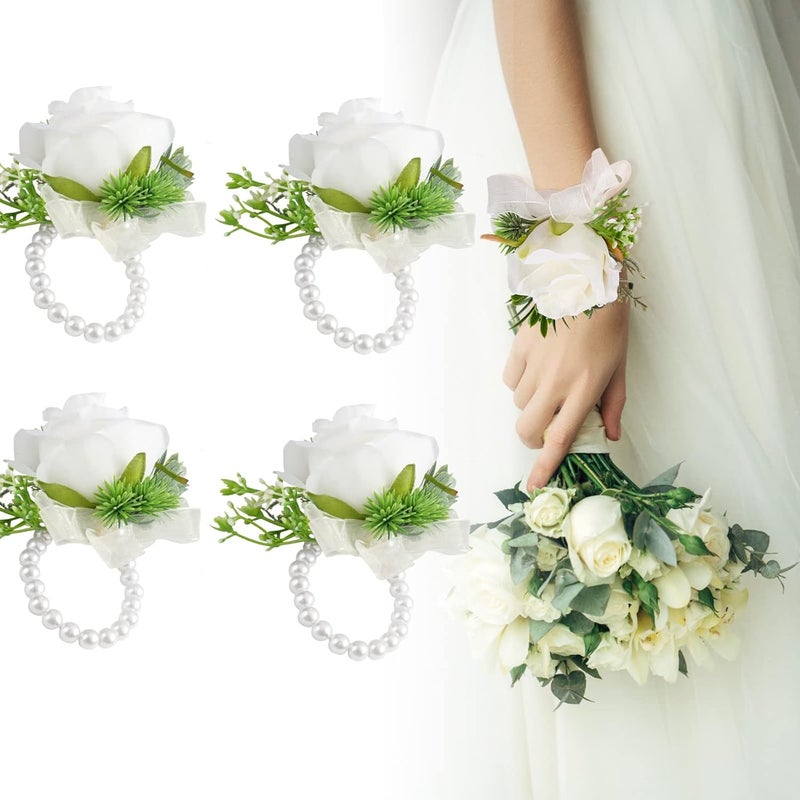 Excefore Rose Corsage Bracelet Floral Wedding Wrist Corsage with Pearl Flower Bracelet Rose Boutonniere Set for Wedding Bridal Shower Prom Bridesmaid Sisters - Image 1