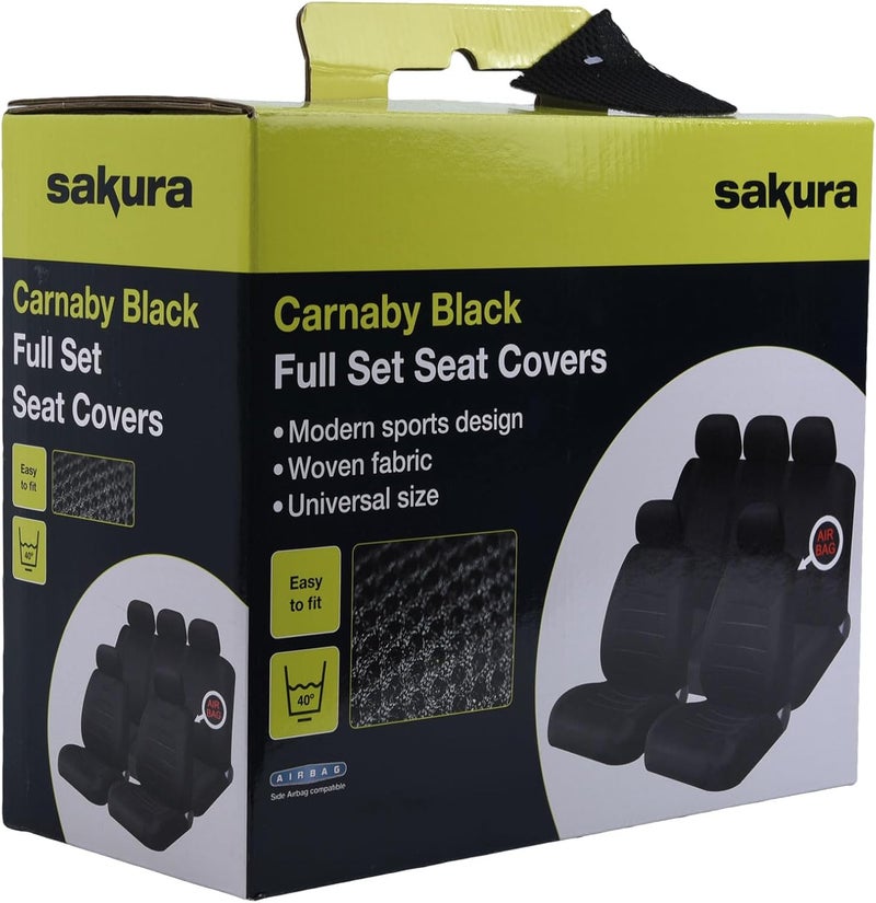 SAKURA Car Seat and Headrest Covers Carnaby Black SS5397 - Full Set Universal Size Elasticated Hems Side Airbag Compatible Washable Easy Fit - Image 2
