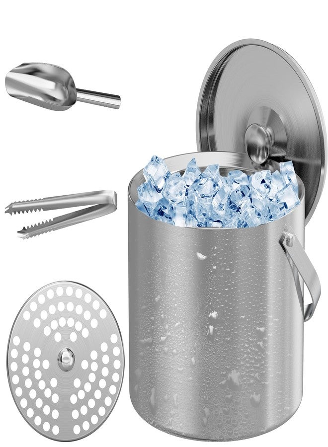 LHD HOME Ice Bucket, Ice Bucket with Lid Ice Tong Ice Scoop and Strainer for Cocktail Parties 3L Stainless Steel Insulated Ice Bucket Double Wall Keeps Ice Cold&Dry for Home Bar Beer Champagne - Image 1