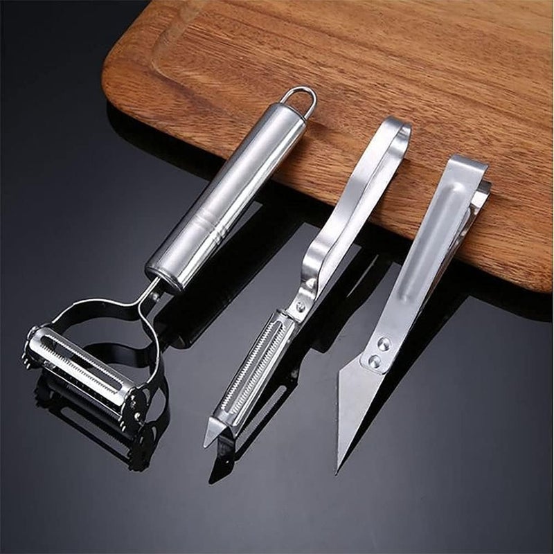 YESIKOM Kitchen Stainless Steel Peeler Knife and Clips Rotary Peeler Cutter Slicer Combined Vegetable Peelers for Carrot Potato Melon Gadget Vegetable Fruit Peeler Cutter Set of 3 Pcs - Image 1