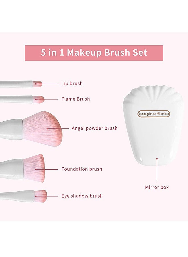 Shell Shape Makeup Brush Set, 5 Pcs Mini Cosmetic Brushes, Travel Cosmetic Brushes Kit with Mirror (White) - Image 3