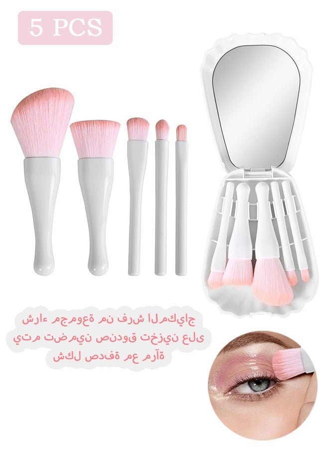 Shell Shape Makeup Brush Set, 5 Pcs Mini Cosmetic Brushes, Travel Cosmetic Brushes Kit with Mirror (White) - Image 1