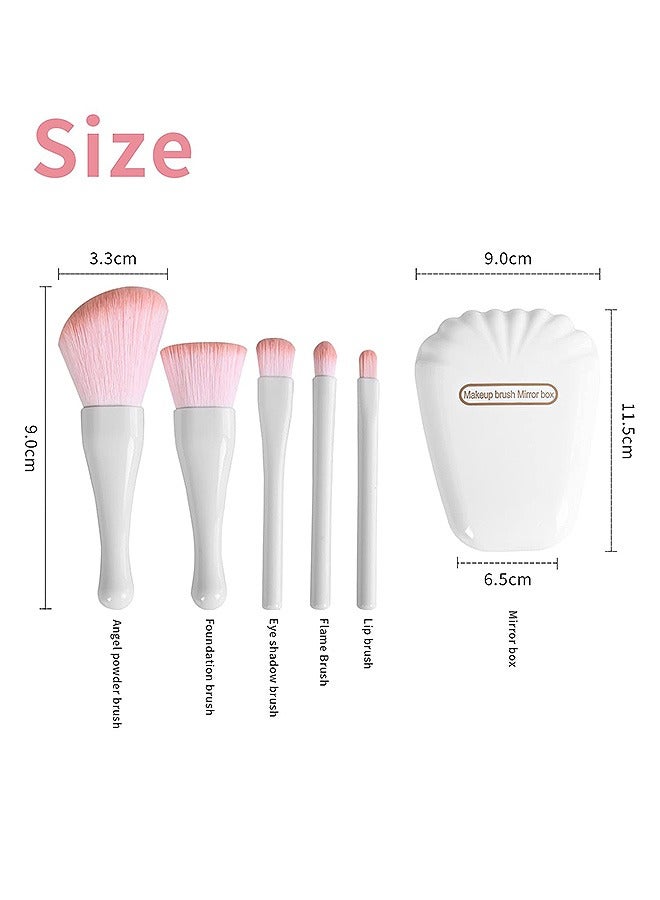Shell Shape Makeup Brush Set, 5 Pcs Mini Cosmetic Brushes, Travel Cosmetic Brushes Kit with Mirror (White) - Image 2