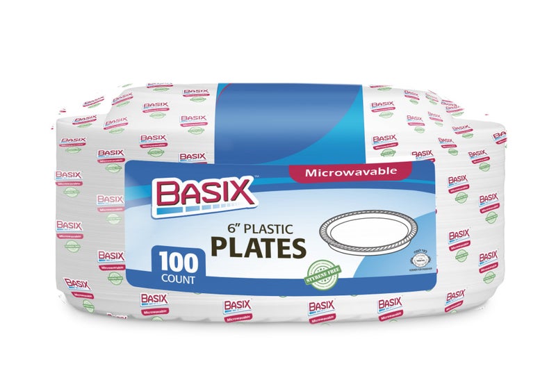 Basix 100 Count Disposable Plastic Plates Microwave Safe 6-Inch  White - Image 1