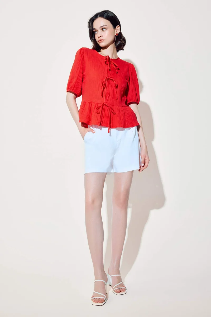 ديفاكتو Regular Fit Crew Neck Tie Front Textured Red Blouse
