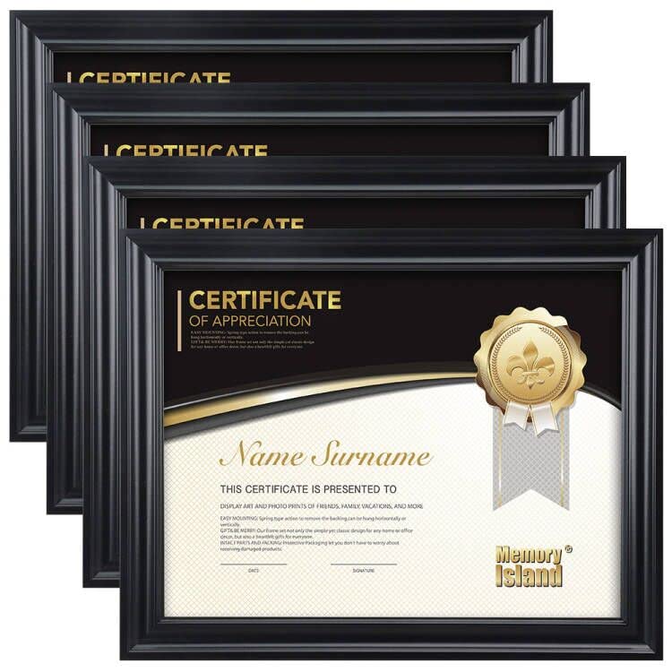 Memory Island Document frames 8.5x11,Set of 4 Pack Certificate Frames for Wall Or Tabletop Display,Diploma Frames For Degree Award with Real Glass Front,Black,Designed - Image 1