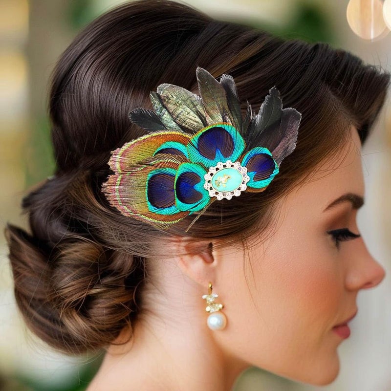 GENBREE 1920s Feather Headpiece Peacock Feather Hair Clip Black Feather Headpieces Turquoise Feather Headband Prom Party Head Accessories for Women 