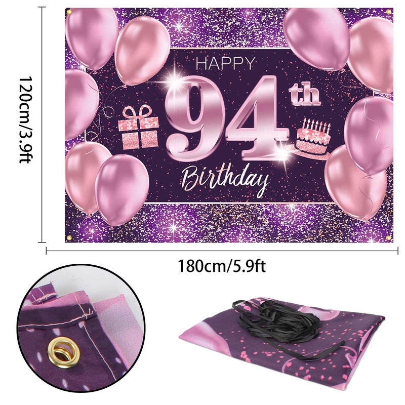 PAKBOOM Happy 94th Birthday Banner Backdrop - 94 Birthday Party Decorations Supplies for Women - Pink Purple Gold 4 x 6ft - Image 1