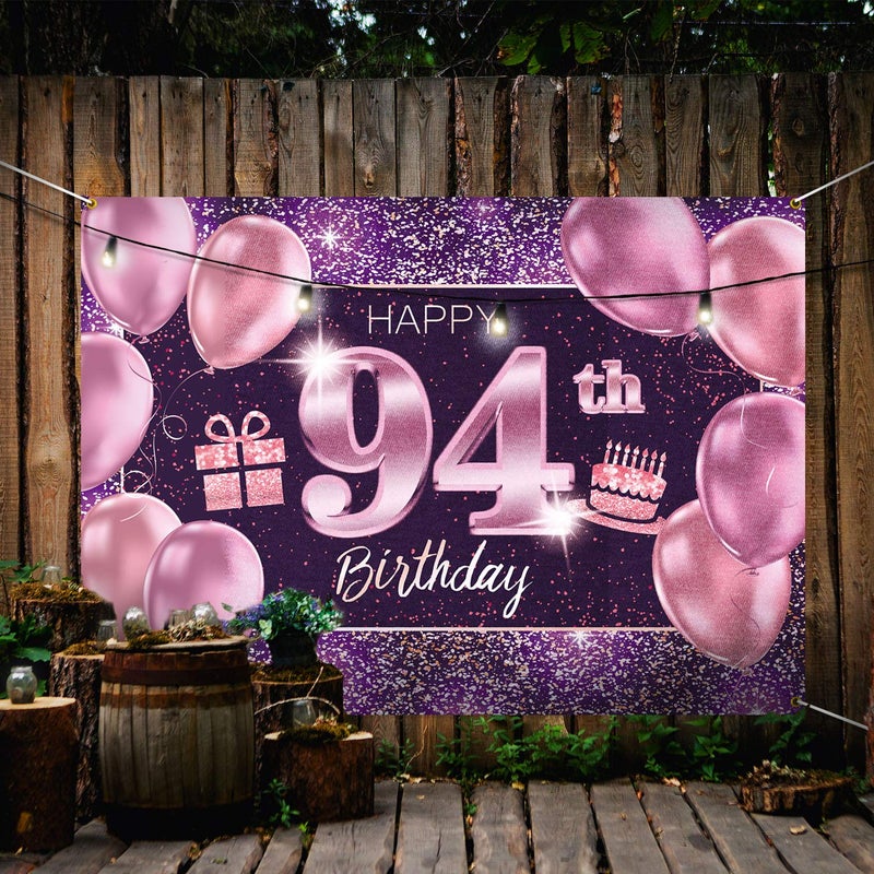 PAKBOOM Happy 94th Birthday Banner Backdrop - 94 Birthday Party Decorations Supplies for Women - Pink Purple Gold 4 x 6ft - Image 4