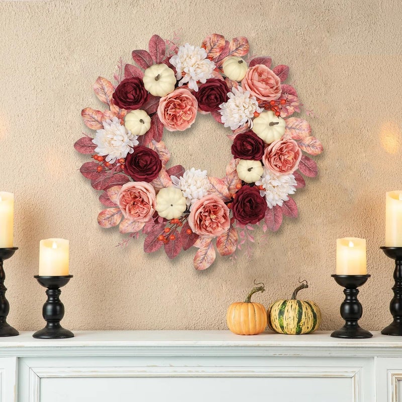 GnFlus 24 Inch Fall Wreaths for Front Door Outside Autumn Silk Flower Wreath with White Artificial Pumpkins, Peony, Rose & Leaves – Fall Door Wreath for Outdoor Indoor Thanksgiving Decor Pink and Burgundy - Image 5
