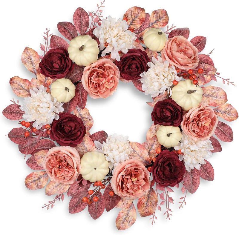GnFlus 24 Inch Fall Wreaths for Front Door Outside Autumn Silk Flower Wreath with White Artificial Pumpkins, Peony, Rose & Leaves – Fall Door Wreath for Outdoor Indoor Thanksgiving Decor Pink and Burgundy - Image 1