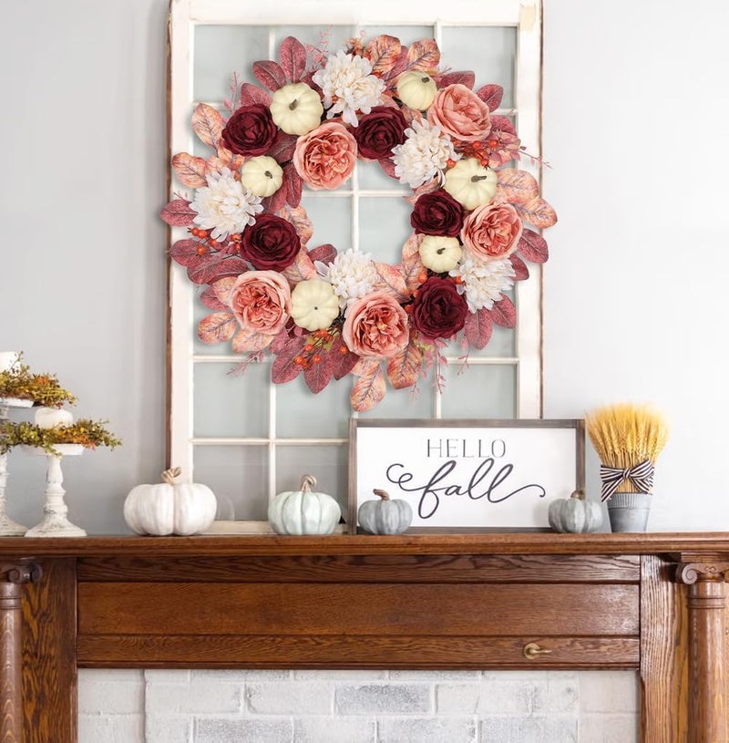 GnFlus 24 Inch Fall Wreaths for Front Door Outside Autumn Silk Flower Wreath with White Artificial Pumpkins, Peony, Rose & Leaves – Fall Door Wreath for Outdoor Indoor Thanksgiving Decor Pink and Burgundy - Image 2