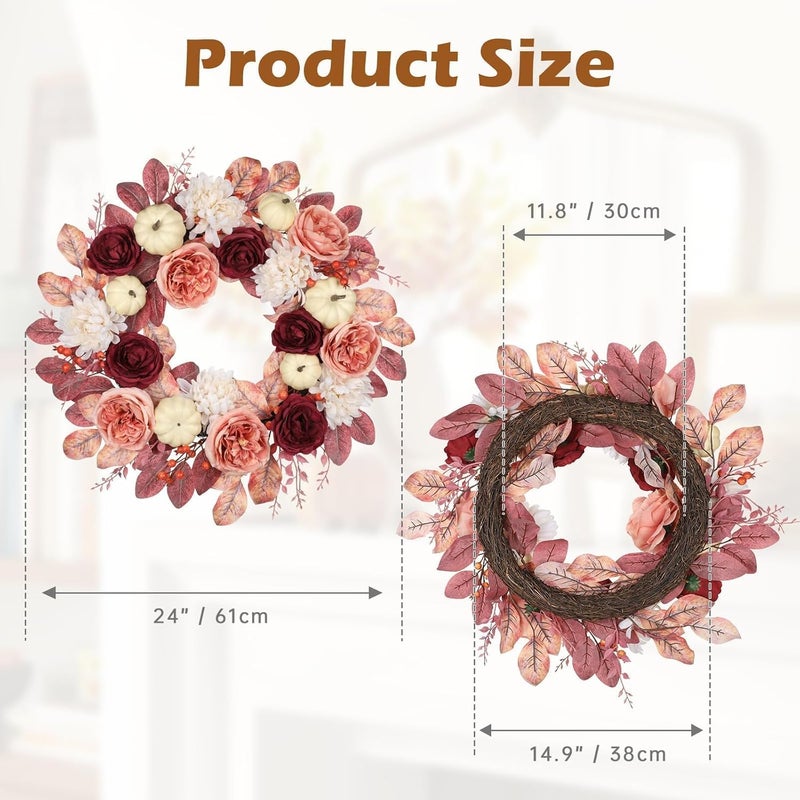 GnFlus 24 Inch Fall Wreaths for Front Door Outside Autumn Silk Flower Wreath with White Artificial Pumpkins, Peony, Rose & Leaves – Fall Door Wreath for Outdoor Indoor Thanksgiving Decor Pink and Burgundy - Image 4