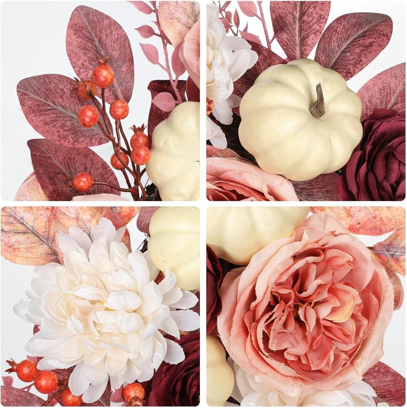 GnFlus 24 Inch Fall Wreaths for Front Door Outside Autumn Silk Flower Wreath with White Artificial Pumpkins, Peony, Rose & Leaves – Fall Door Wreath for Outdoor Indoor Thanksgiving Decor Pink and Burgundy - Image 3
