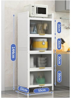SKY-TOUCH 4-Tier Storage Cabinet Standing Shelf Units with 4 Door Bookshelf Bookcase with 4 Wheels Storage Rack Organizer Workstation for Kitchen Home Office Pantry Study White  - Image 3