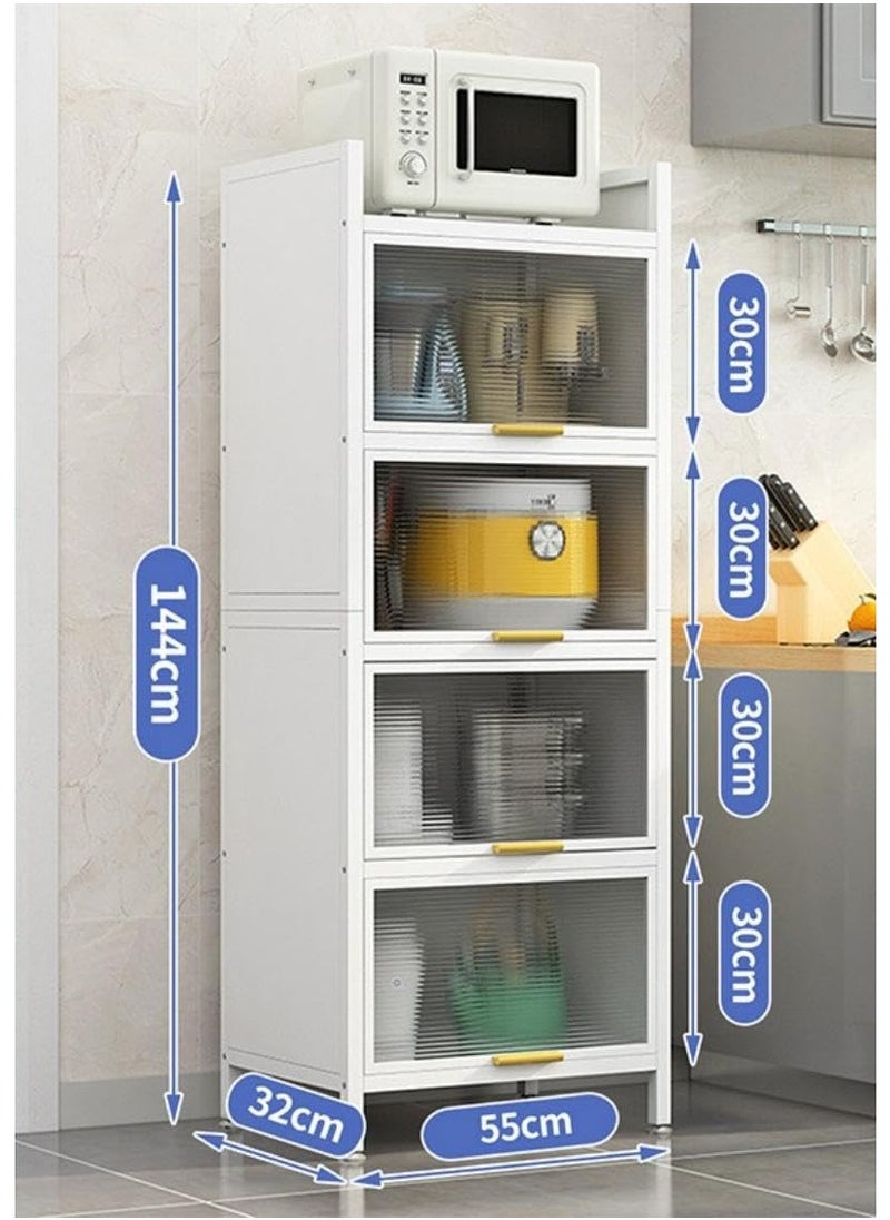 SKY-TOUCH 4-Tier Storage Cabinet Standing Shelf Units with 4 Door Bookshelf Bookcase with 4 Wheels Storage Rack Organizer Workstation for Kitchen Home Office Pantry Study White  - Image 3