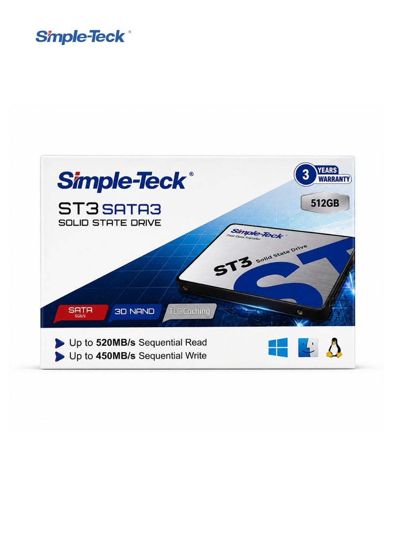 Simple-Teck ST3 512GB 2.5" SATA III Internal SSD | Up to 520MB/s Read & 450MB/s Write | 3D NAND | TLC Caching | SATA 6Gb/s | Shock Resistant - Image 1