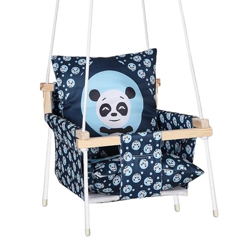 BOFFLE Swing, Baby Swing Hanging Indoor Outdoor, Wooden Swing, Baby Garden Swing, Jhula with 2 Pillow (Blue Panda) - Image 1