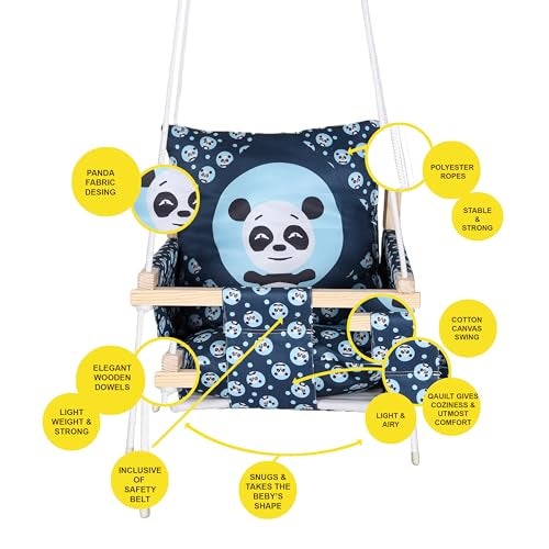 BOFFLE Swing, Baby Swing Hanging Indoor Outdoor, Wooden Swing, Baby Garden Swing, Jhula with 2 Pillow (Blue Panda) - Image 5