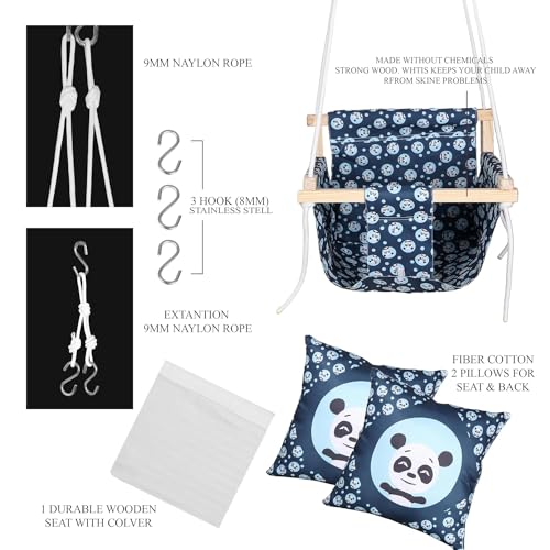BOFFLE Swing, Baby Swing Hanging Indoor Outdoor, Wooden Swing, Baby Garden Swing, Jhula with 2 Pillow (Blue Panda) - Image 4