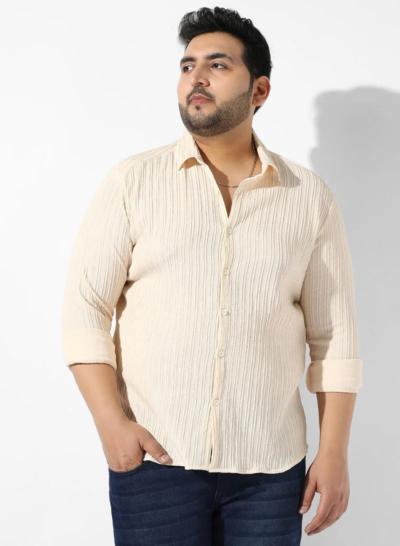 Instafab Plus Men's Light Yellow Textured Regular Fit Casual Shirt