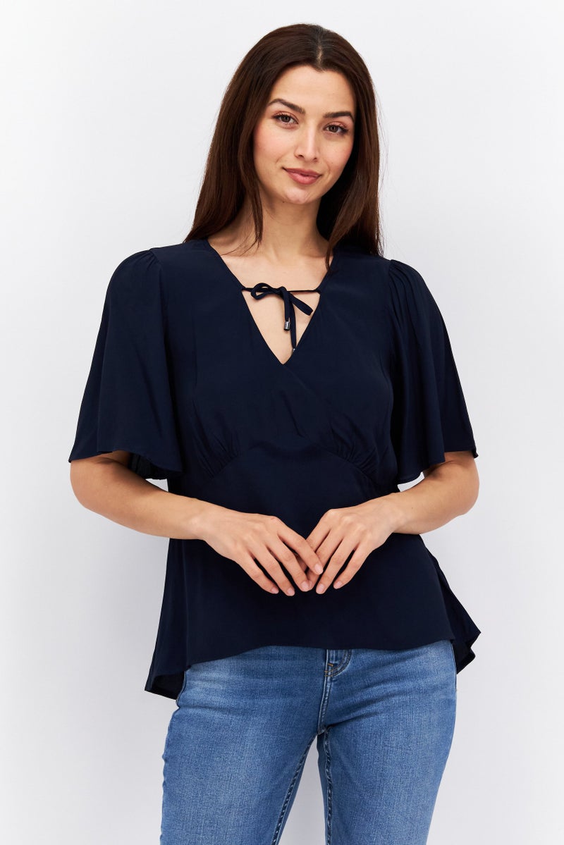 ESPRIT قميص نسائي بأكمام قصيرة على شكل حرف V، لون أزرق داكن - Image 1