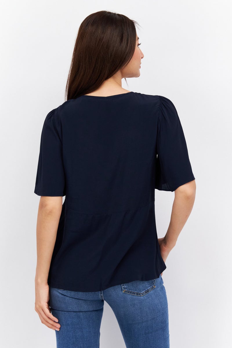 ESPRIT قميص نسائي بأكمام قصيرة على شكل حرف V، لون أزرق داكن - Image 4