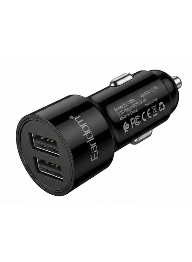 أيرلدوم شاحن سيارة مزدوج المنافذ USB، محول شحن سريع 2.4 أمبير للهواتف الذكية مع كابل USB إلى Type-C - محول طاقة سيارة عالمي 12-24 فولت شاحن سيارة صغير الحجم بمنفذين، يتميز بشحن سريع وثابت، وتصميم متين من مادة ABS، وحماية ذكية لهواتف أندرويد، والأجهزة اللوحية، وأجهزة تحديد المواقع GPS، وأجهزة USB - أسود - Image 1