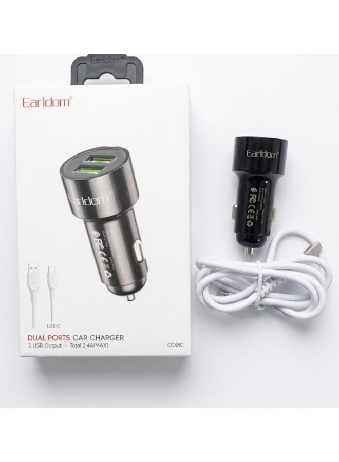 أيرلدوم شاحن سيارة مزدوج المنافذ USB، محول شحن سريع 2.4 أمبير للهواتف الذكية مع كابل USB إلى Type-C - محول طاقة سيارة عالمي 12-24 فولت شاحن سيارة صغير الحجم بمنفذين، يتميز بشحن سريع وثابت، وتصميم متين من مادة ABS، وحماية ذكية لهواتف أندرويد، والأجهزة اللوحية، وأجهزة تحديد المواقع GPS، وأجهزة USB - أسود - Image 2