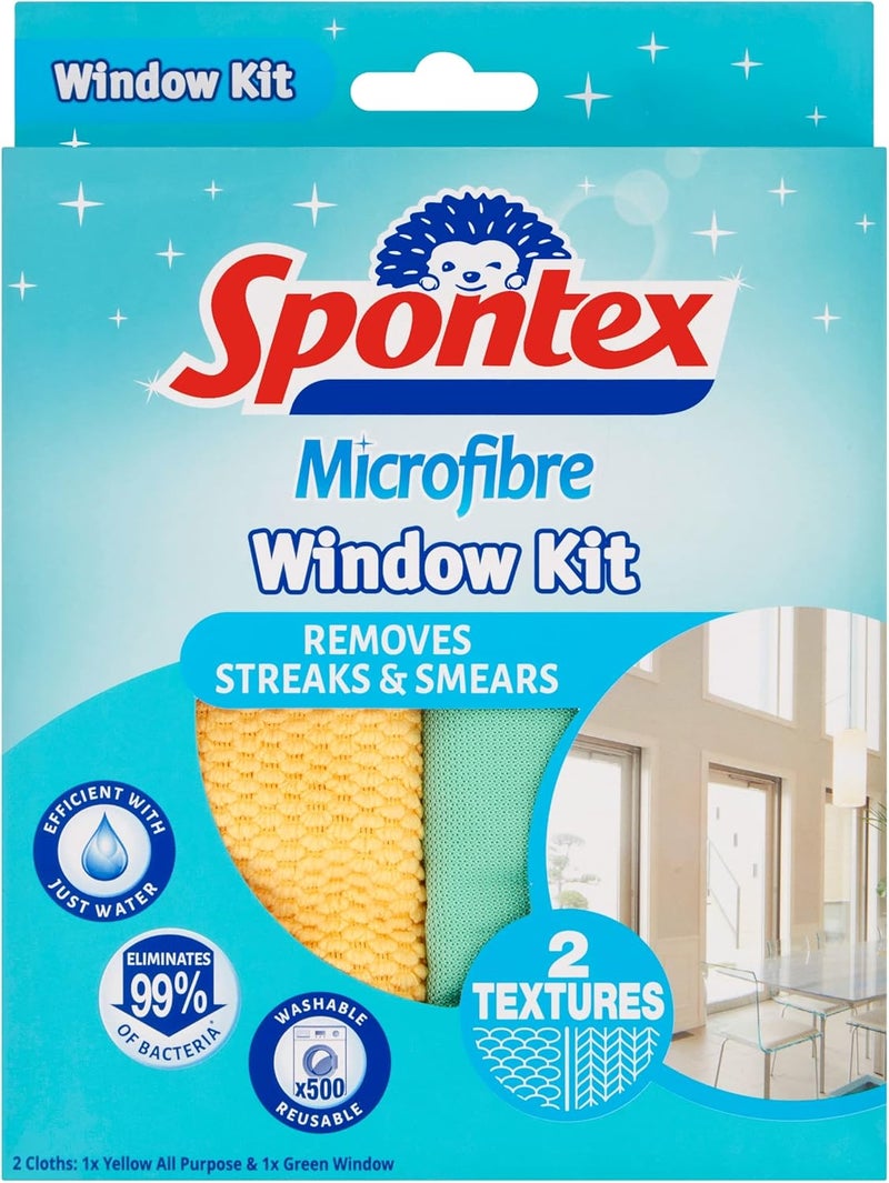Spontex Microfibre Window Kit - 2 Cloths for Streak-Free Cleaning - Image 1