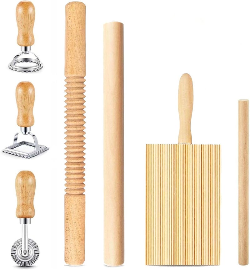 DthwagfL 7 pcs Wood Gnocchi Pasta Making Tools Kit with Threaded Pasta Roller Pin Set,Gnocchi Board,Ravioli Stamps and Pasta Cutter.Noodle and Dumplings Maker, For Pasta Maker And Kitchen DIY Gift - Image 1