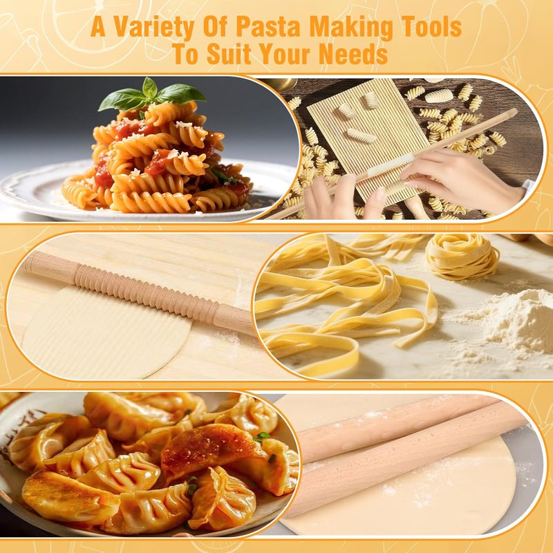 DthwagfL 7 pcs Wood Gnocchi Pasta Making Tools Kit with Threaded Pasta Roller Pin Set,Gnocchi Board,Ravioli Stamps and Pasta Cutter.Noodle and Dumplings Maker, For Pasta Maker And Kitchen DIY Gift - Image 4