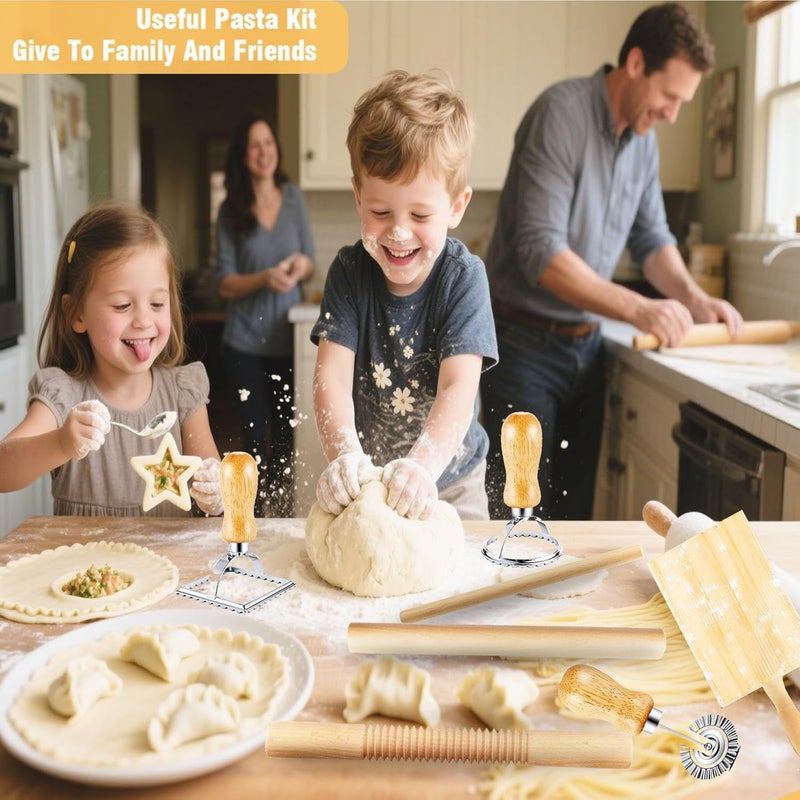 DthwagfL 7 pcs Wood Gnocchi Pasta Making Tools Kit with Threaded Pasta Roller Pin Set,Gnocchi Board,Ravioli Stamps and Pasta Cutter.Noodle and Dumplings Maker, For Pasta Maker And Kitchen DIY Gift - Image 5