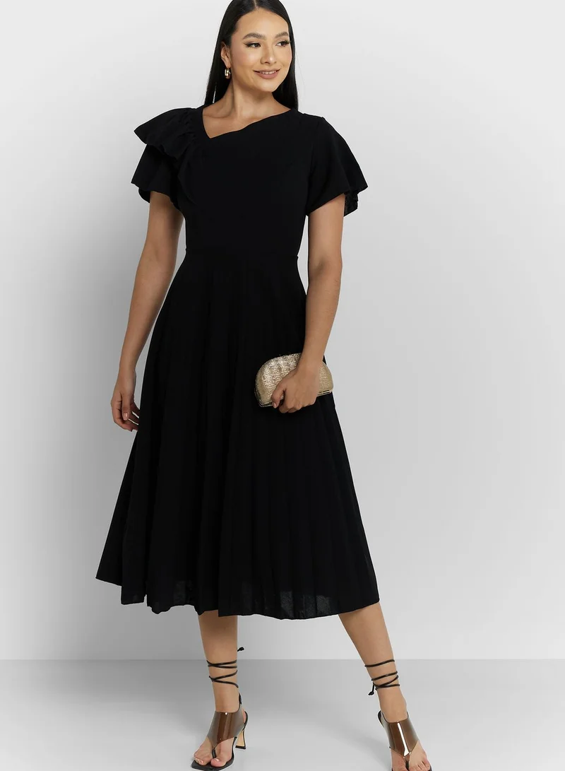 ELLA Shoulder Ruffle Pleated Dress