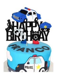 Police Birthday Cake Topper Policeman Officer Police Car Themed for Kids Boy Girl Man Happy Birthday Retirement Party Supplies Black Glitter Decorations