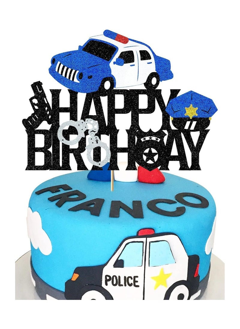 Generic - Police Birthday Cake Topper Policeman Officer Police Car Themed for Kids Boy Girl Man Happy Birthday Retirement Party Supplies Black Glitter Decorations - Image 1