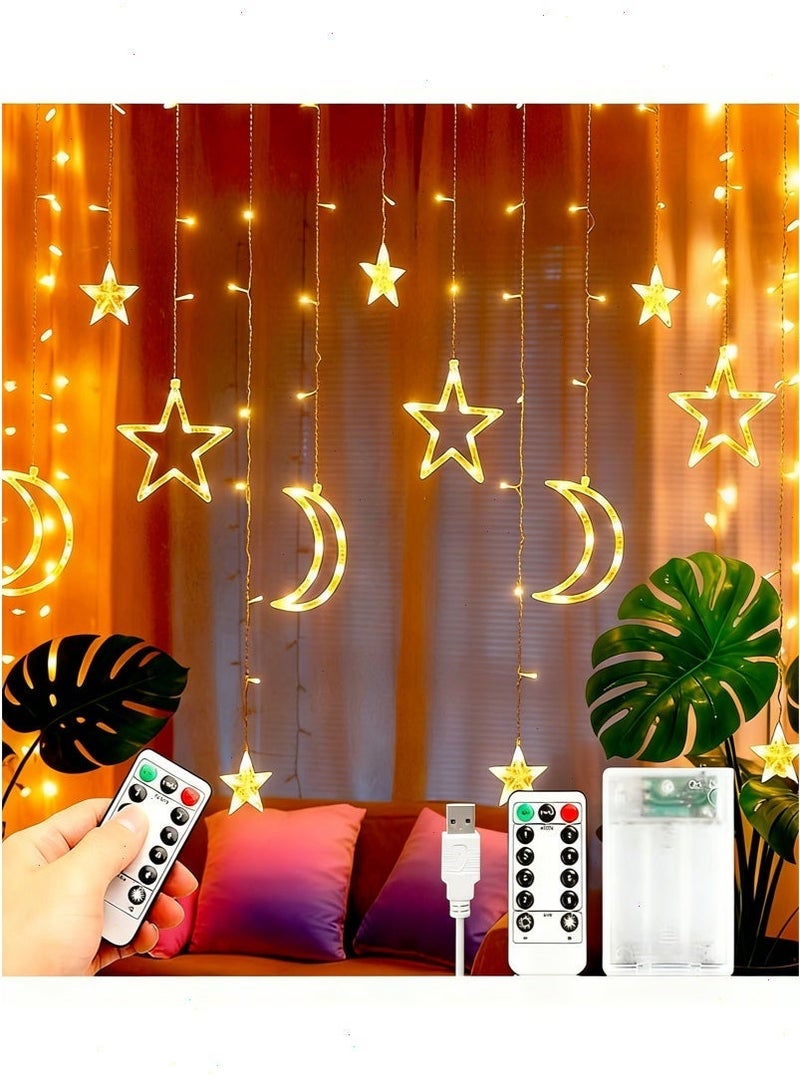 أضواء رمضان وزينة رمضان أضواء متسلسلة 2 متر LED نجمة وقمر، 8 أوضاع جهاز تحكم عن بعد USB/بطارية للاستخدام الداخلي والخارجي للإفطار - Image 1