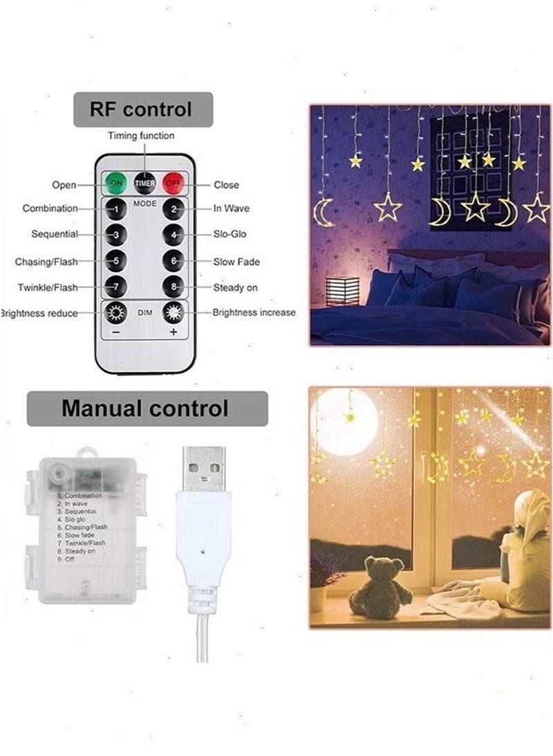 أضواء رمضان وزينة رمضان أضواء متسلسلة 2 متر LED نجمة وقمر، 8 أوضاع جهاز تحكم عن بعد USB/بطارية للاستخدام الداخلي والخارجي للإفطار - Image 4