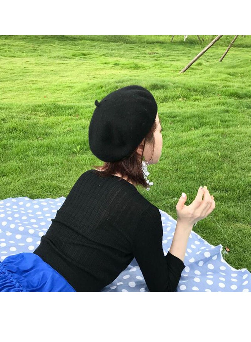 Women Beret Hat French Style Artist Beanie Cap Vintage Lady Cap, Black - Image 5