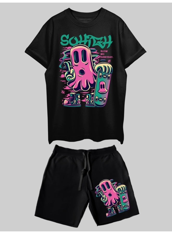 THREADCURRY THREADCURRY So High Printed Co-ord Set for Men - Half Sleeve Oversized T-Shirt and Shorts  - Image 1