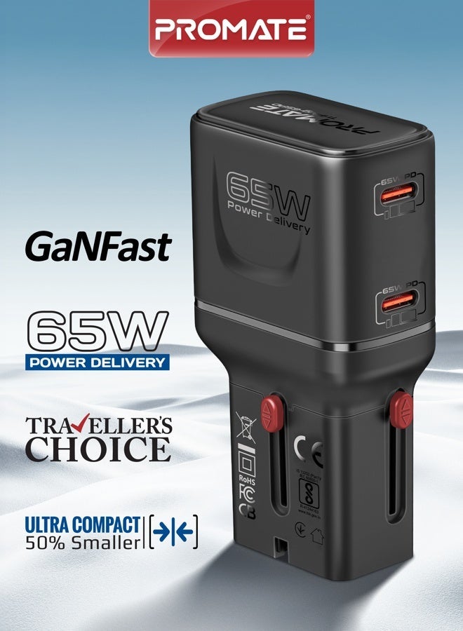 شاحن السفر Promate TriPlug-65PD بقوة 65 واط بتقنية GaNFast، مزدوج USB-C PD مع PPS، محول متعدد المنافذ مدمج مع شحن مقسم 45 واط + 20 واط، قابس منزلق للولايات المتحدة/المملكة المتحدة/الاتحاد الأوروبي/أستراليا، شحن سريع عالمي للكمبيوتر المحمول والهاتف الذكي