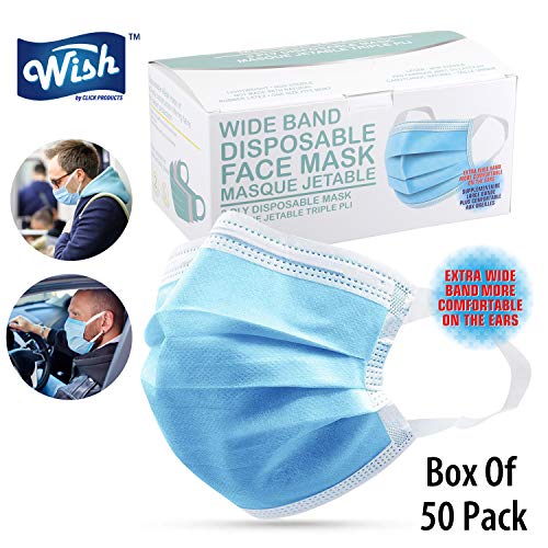 Wish Disposable Face Masks, Pack of 50, Wide Ear loop For Extra Comfort, 3 Ply, Ships from USA - Image 2
