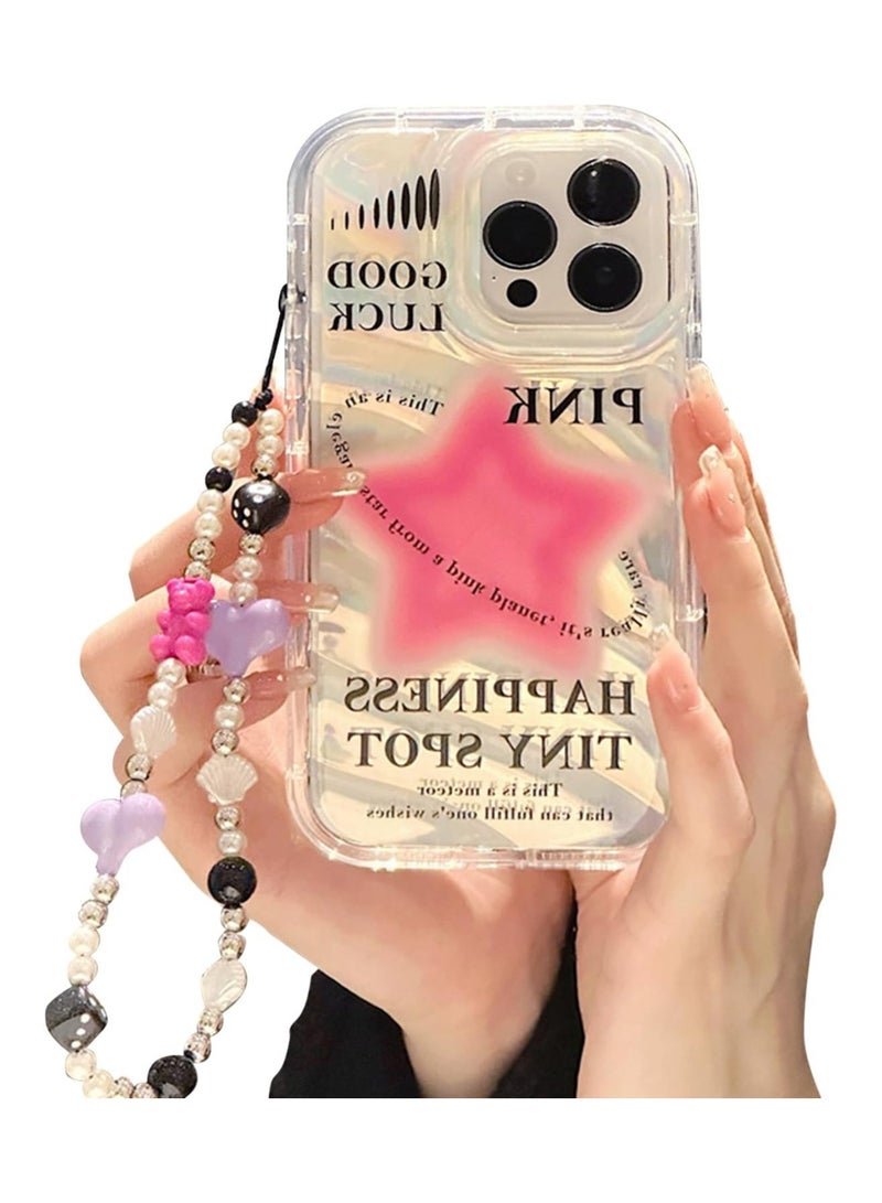 general Case for iPhone 15 Pro Max, Sparkling Pink Star Pattern Transparent Cute Phone Case with Pearl Heart Bracelet - Image 1