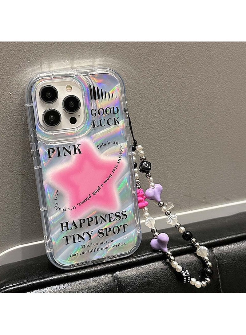 general Case for iPhone 15 Pro Max, Sparkling Pink Star Pattern Transparent Cute Phone Case with Pearl Heart Bracelet - Image 3